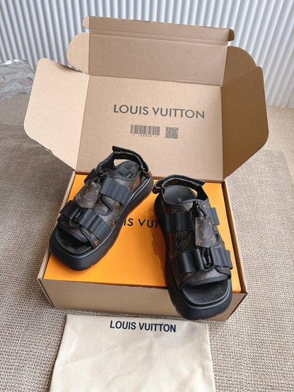 LV Women Brown Leather Patterned Sandals