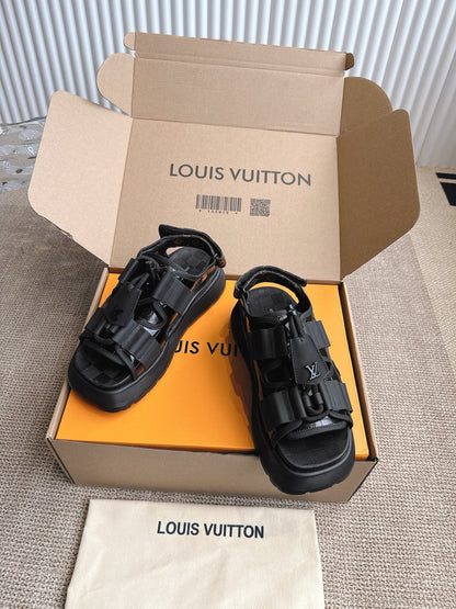 LV Women Black Leather Sporty Sandals