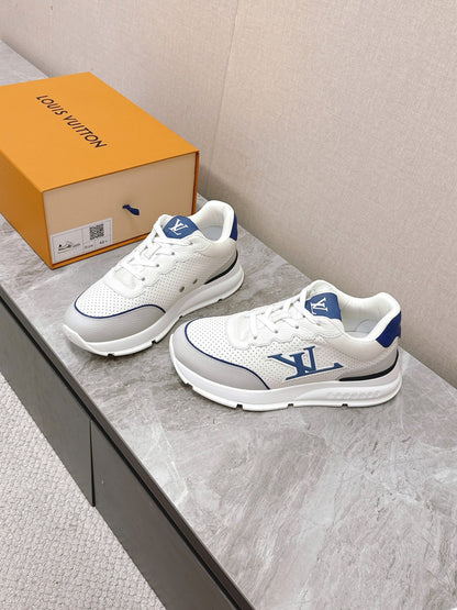 LV Women White Leather Sneakers With Blue Accents