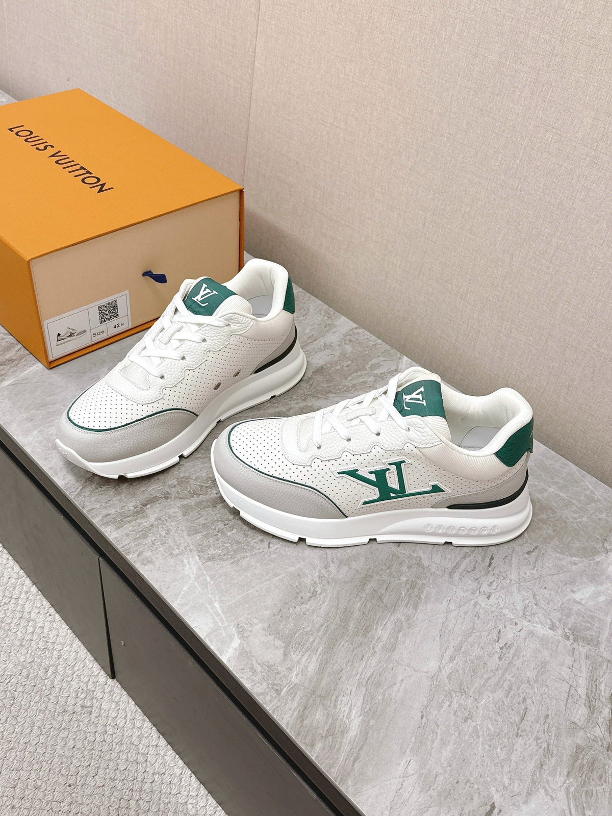 LV Women White Leather Green Accent Sneakers