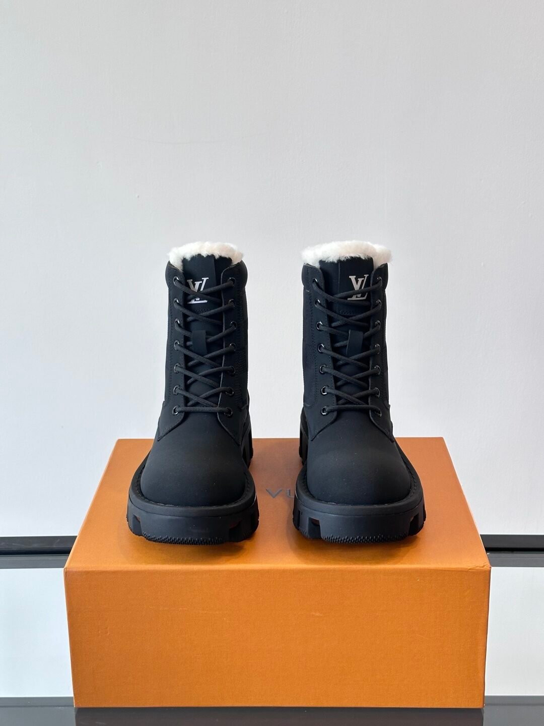 LV Men Black Leather Fur Lined Boots