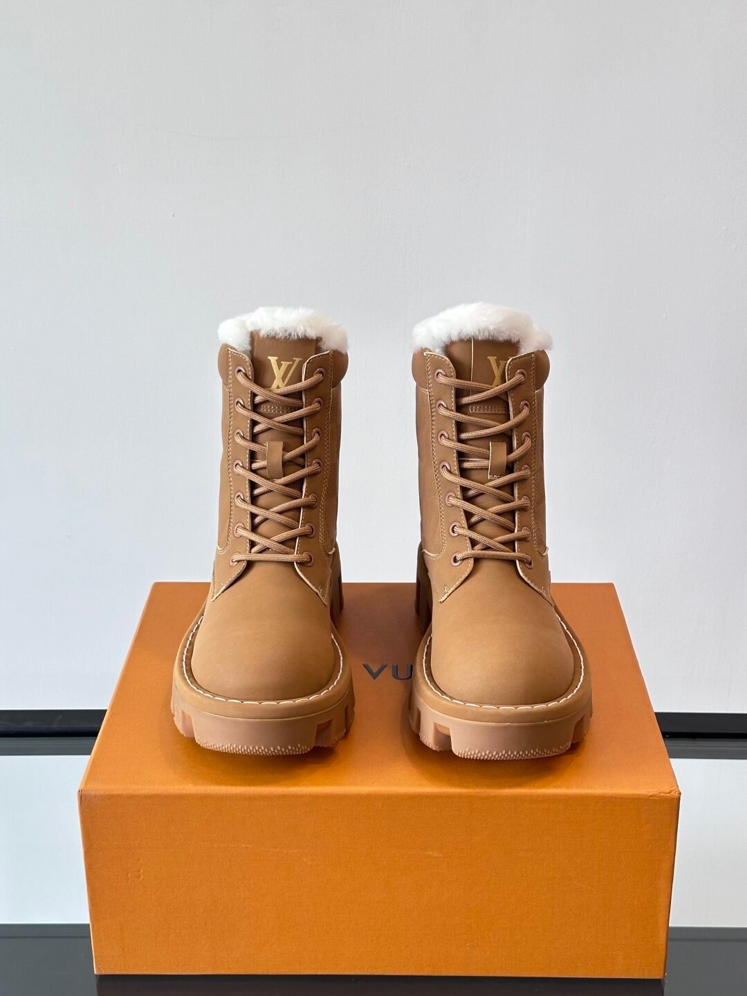 LV Men Tan Leather Fur-Lined Boots