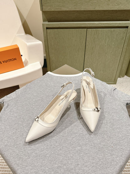 LV Women White Leather Pointed Slingback Heels