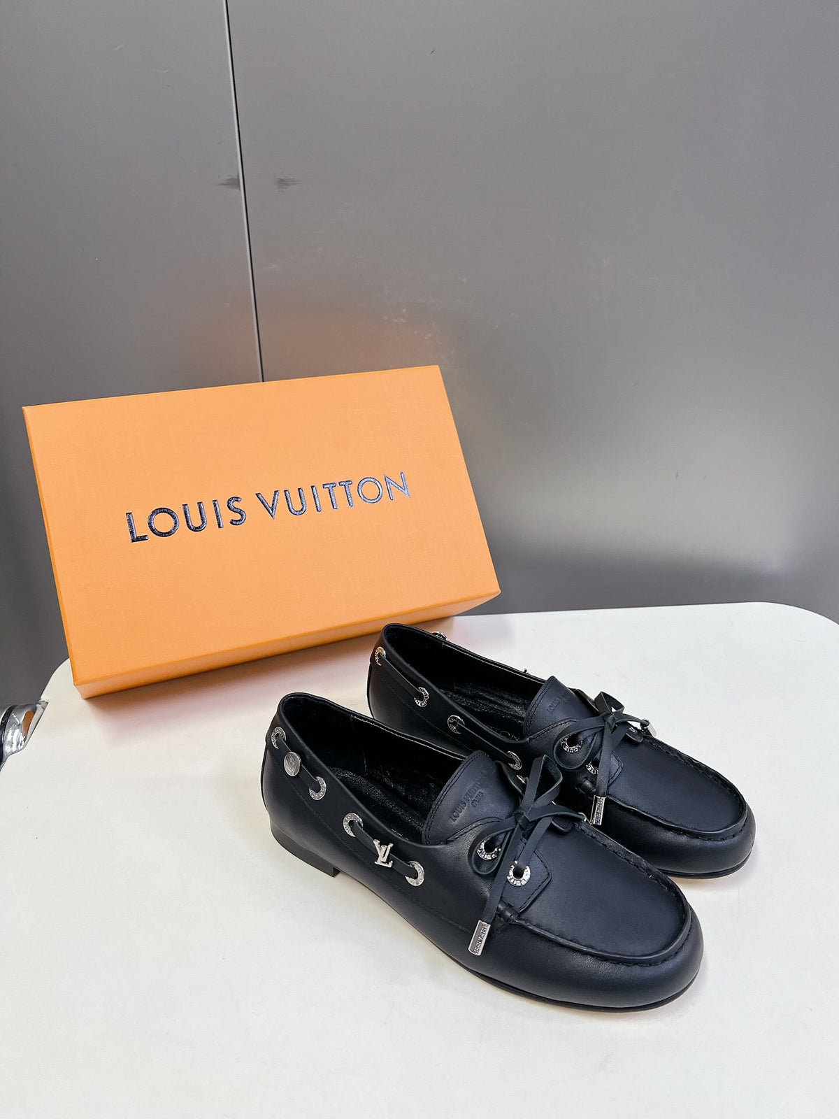 LV Women Black Leather Loafers