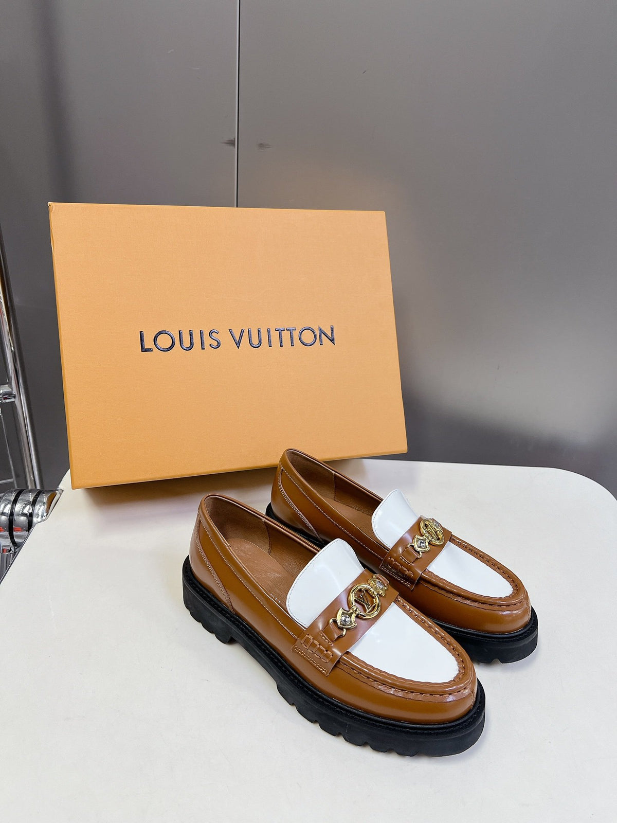 LV Women Brown White Leather Loafers