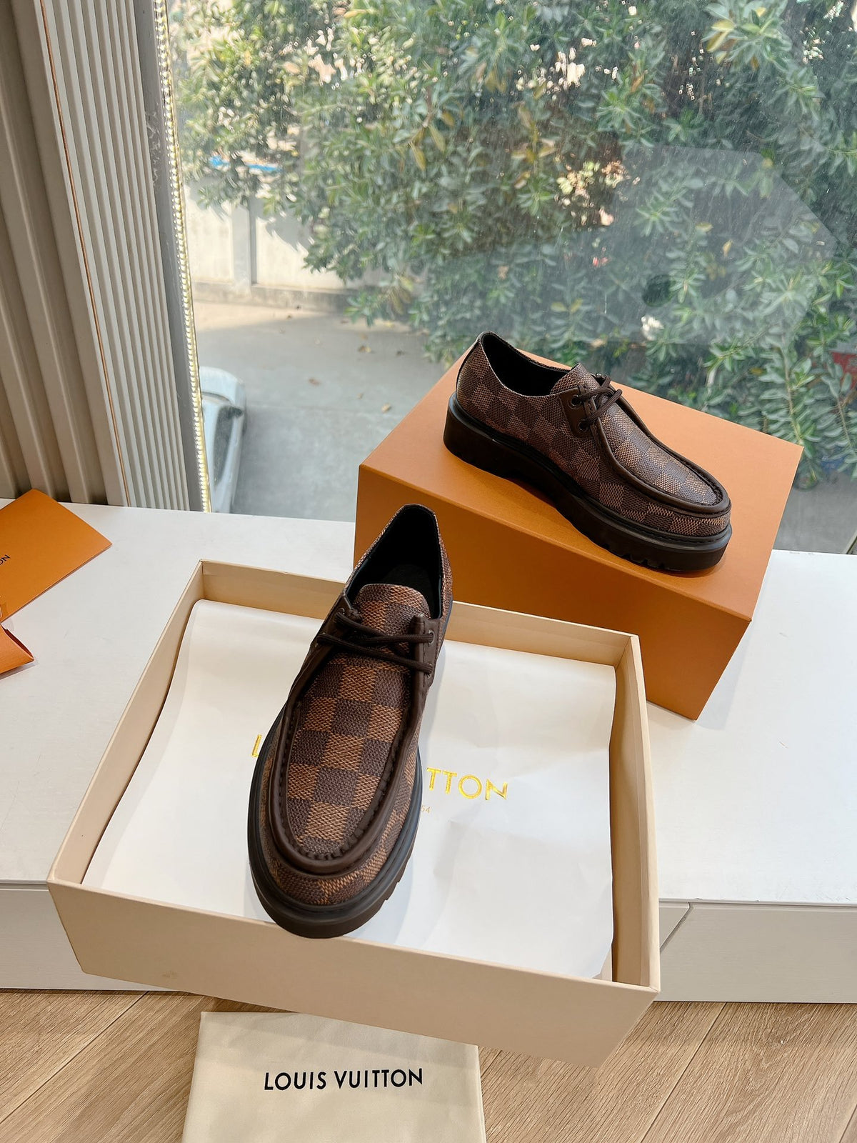 LV Women Brown Checkered Leather Loafers