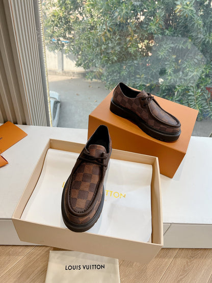 LV Women Brown Checkered Leather Loafers
