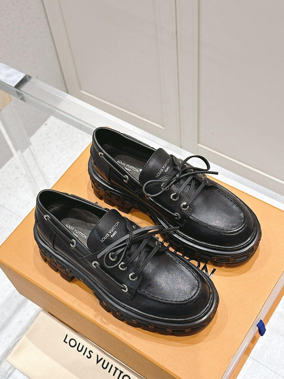 LV Women Black Leather Chunky Loafers