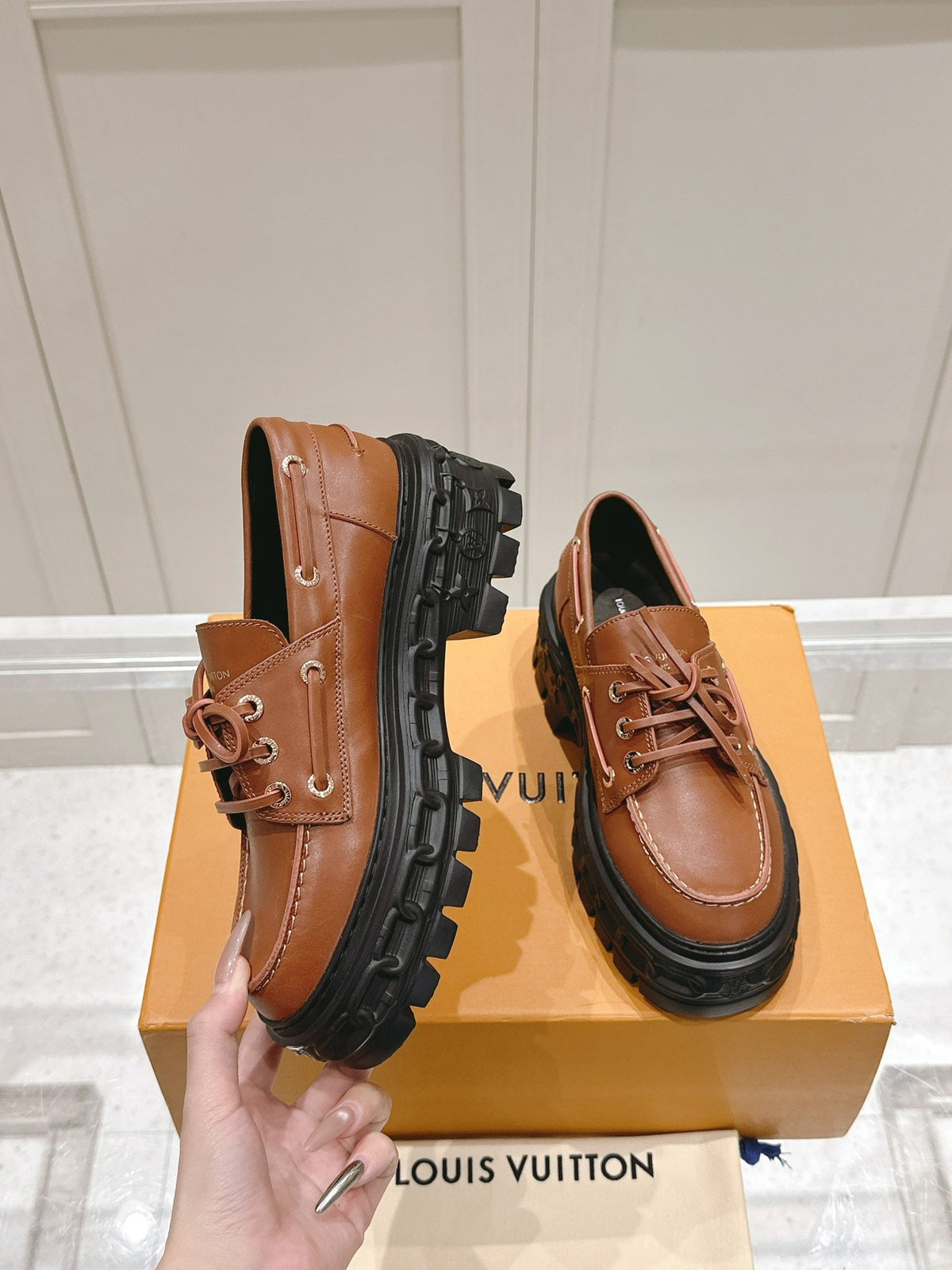 LV Women Brown Leather Chunky Sole Loafers