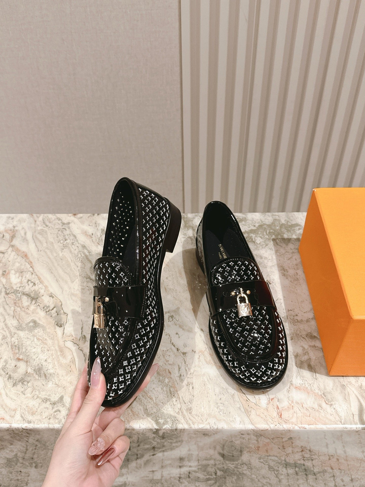 LV Women Black Patent Leather Loafers
