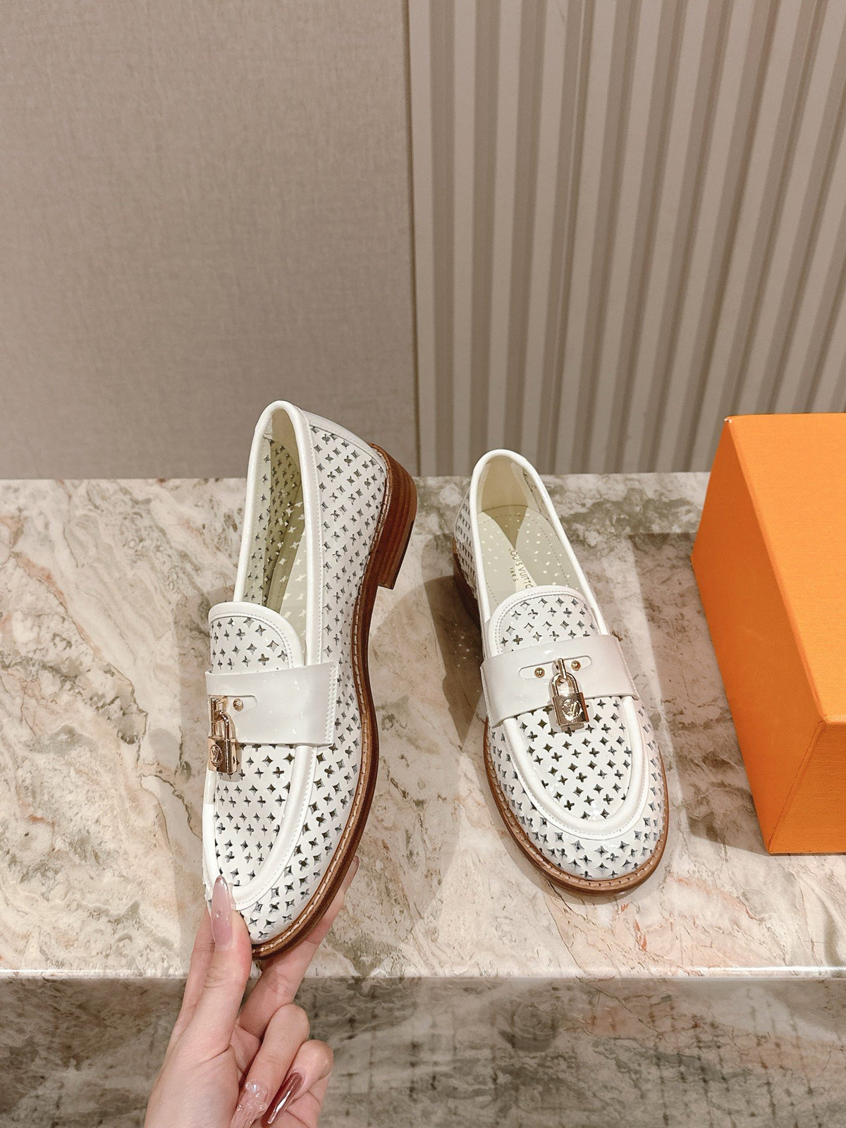 LV Women White Leather Loafers