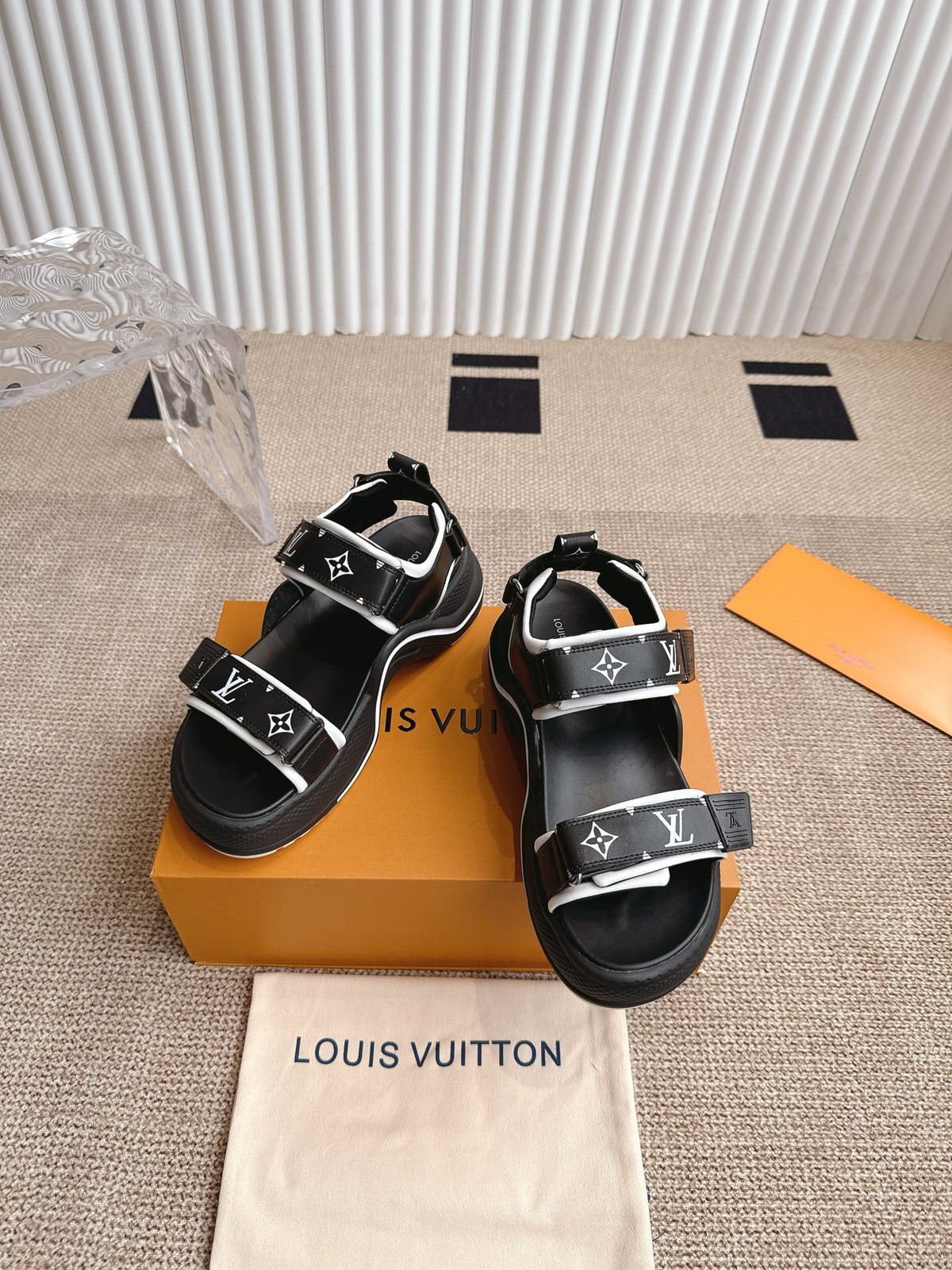 LV Women Black Synthetic Monogram Strap Sandals