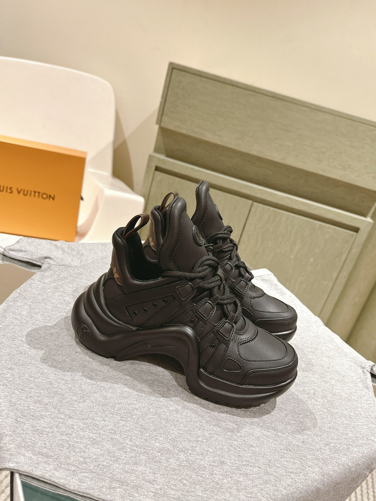 LV Women Black Leather Sporty Chunky Sneakers