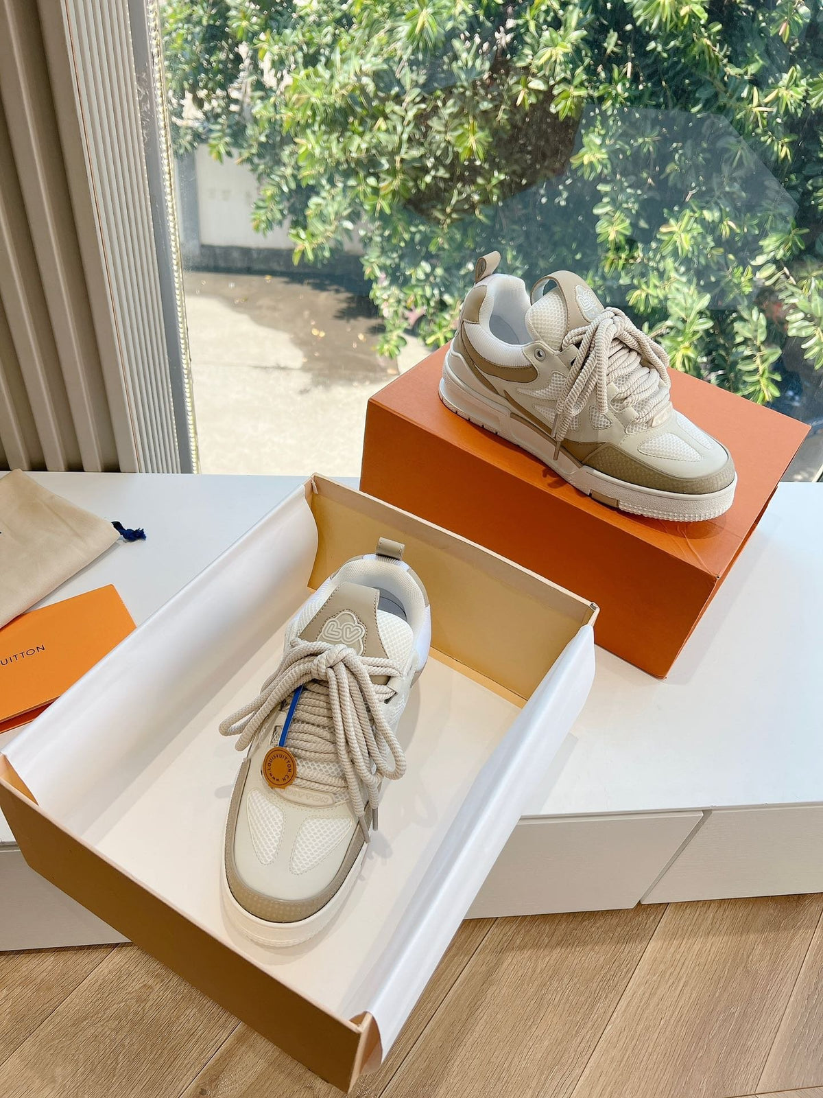 LV Women Beige Mesh Leather Sneakers