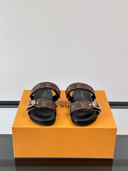 LV Men Brown Leather Logo Print Sandals