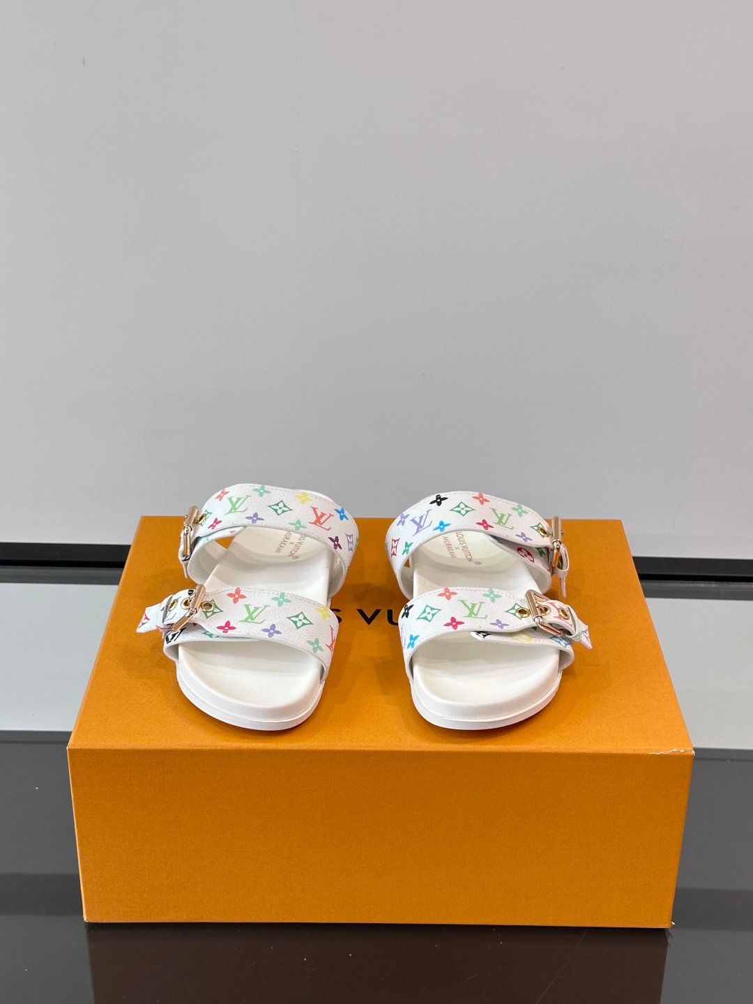 LV Men White Multicolor Pattern Leather Sandals