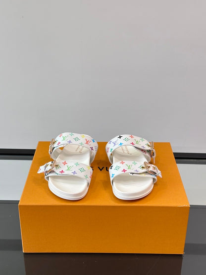 LV Men White Multicolor Pattern Leather Sandals