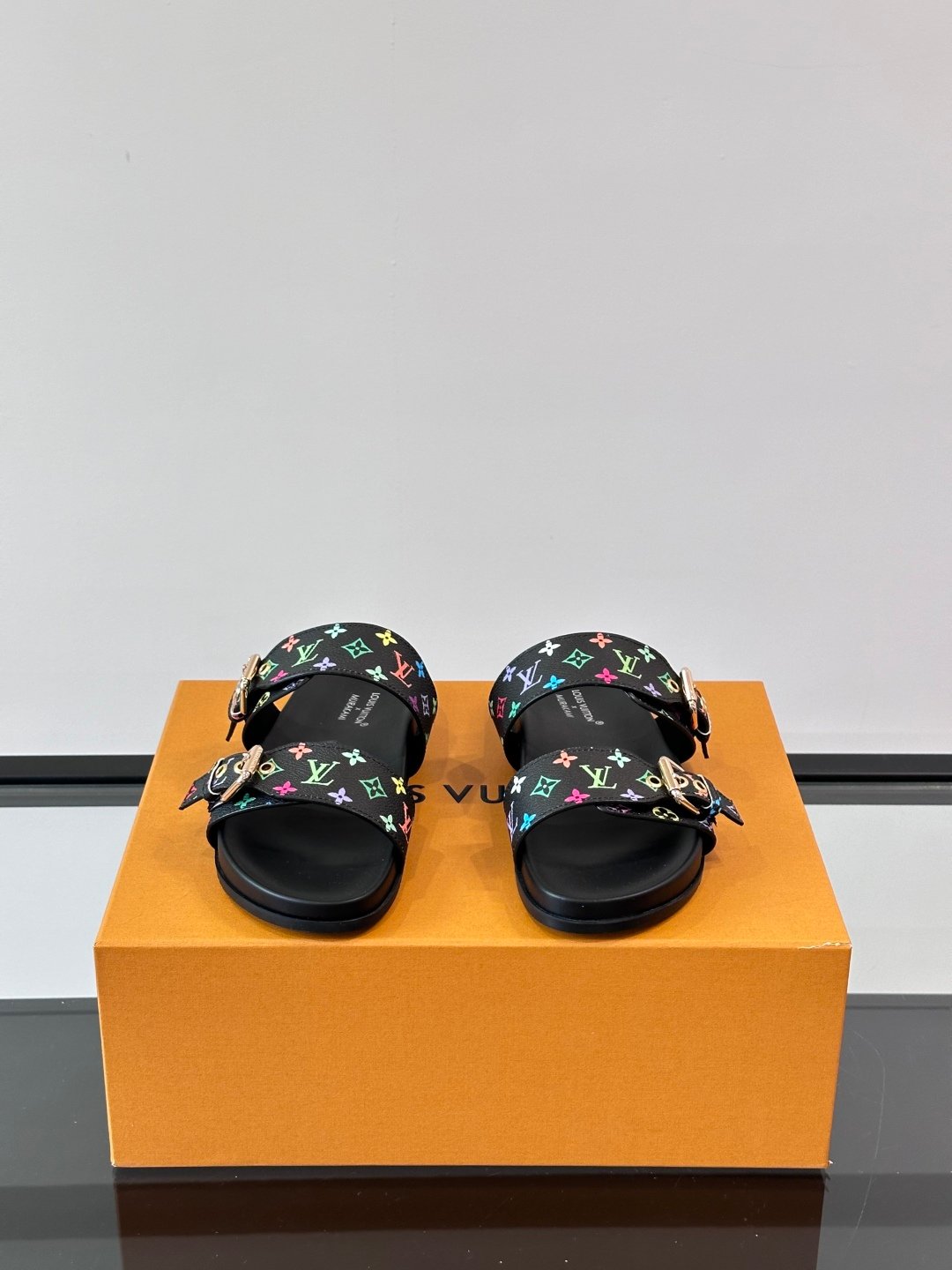 LV Men Black Leather Multicolor Monogram Slides