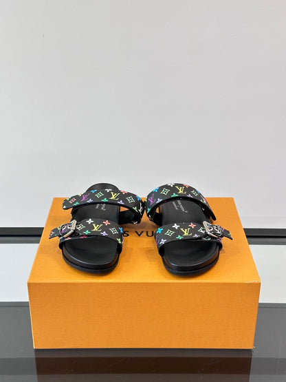 LV Men Black Multicolor Canvas Straps Sandals