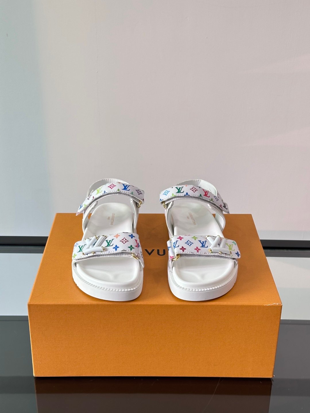 LV Men White Canvas Multicolor Logo Sandals