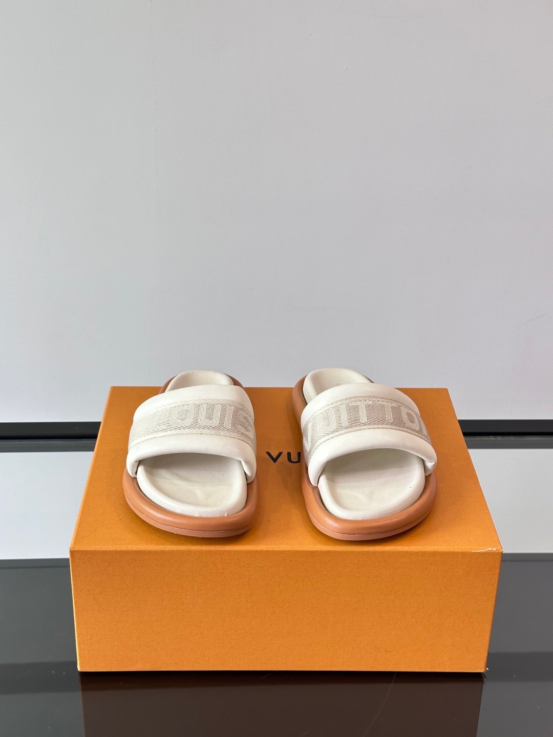 LV Men Beige Fabric Slides With Brown Sole