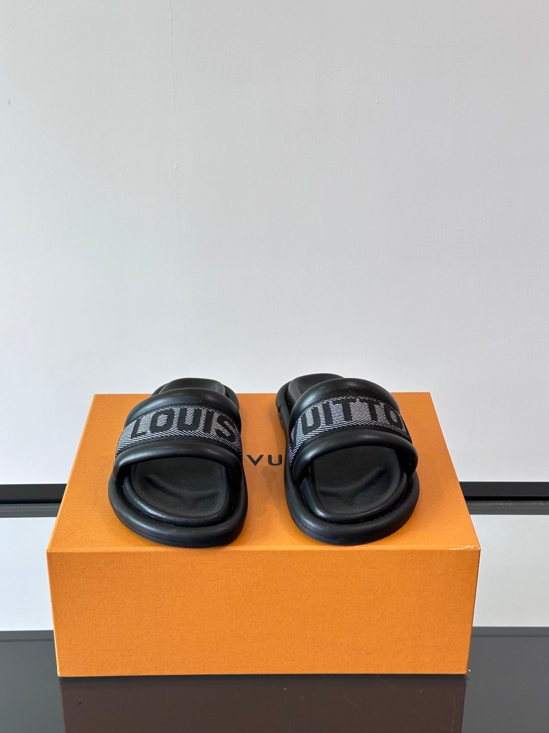 LV Men Black Fabric Strap Slide Sandals