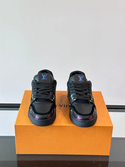 LV Men Black Leather Sneakers With Multicolor Accents