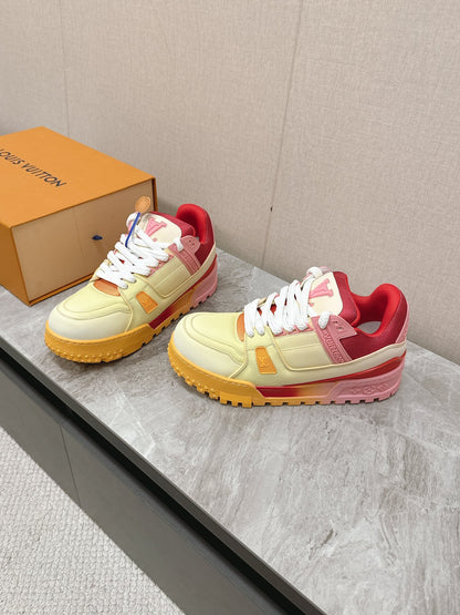 LV Women Yellow Leather Orange Accent Sneakers