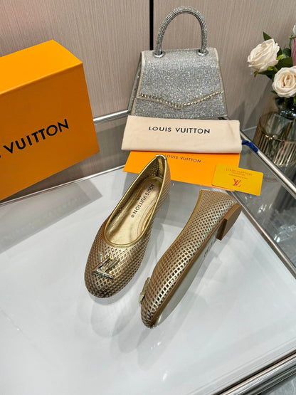 LV Women Gold Metallic Mesh Ballet Flats