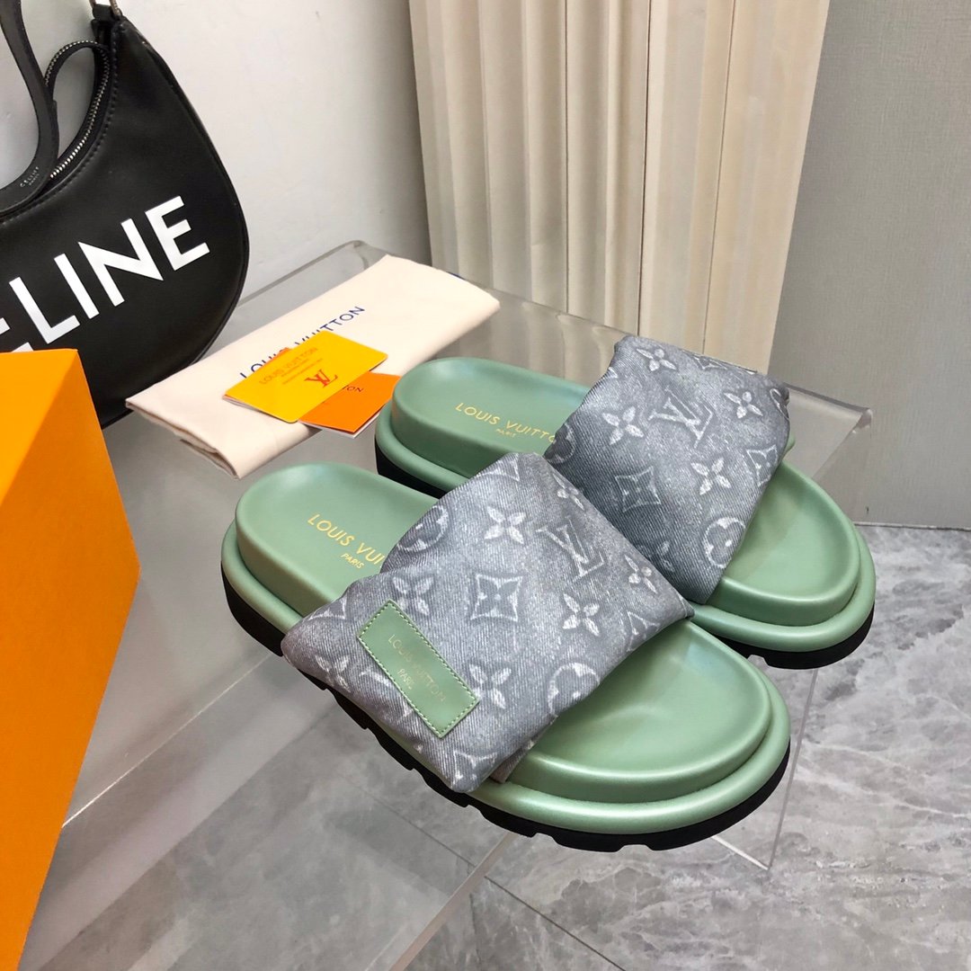 LV Women Green Fabric Strap Slippers