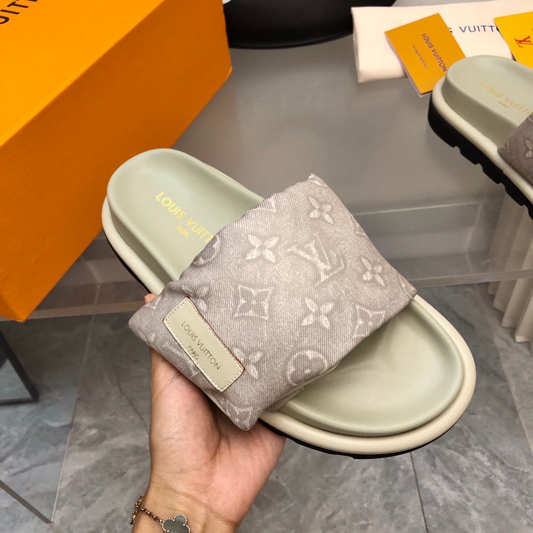 LV Women Light Gray Fabric Slides Sandals