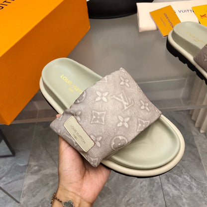 LV Women Light Gray Fabric Slides Sandals
