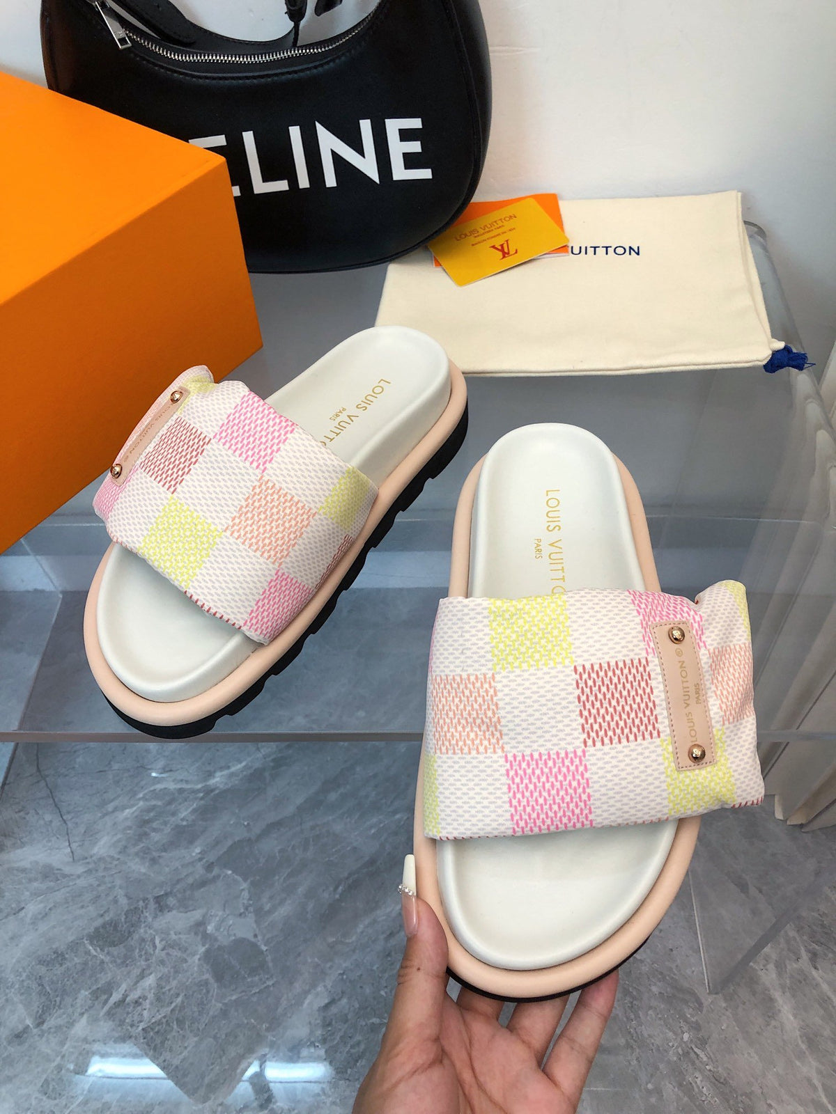 LV Women Pastel Checkered Fabric White Slide Sandals