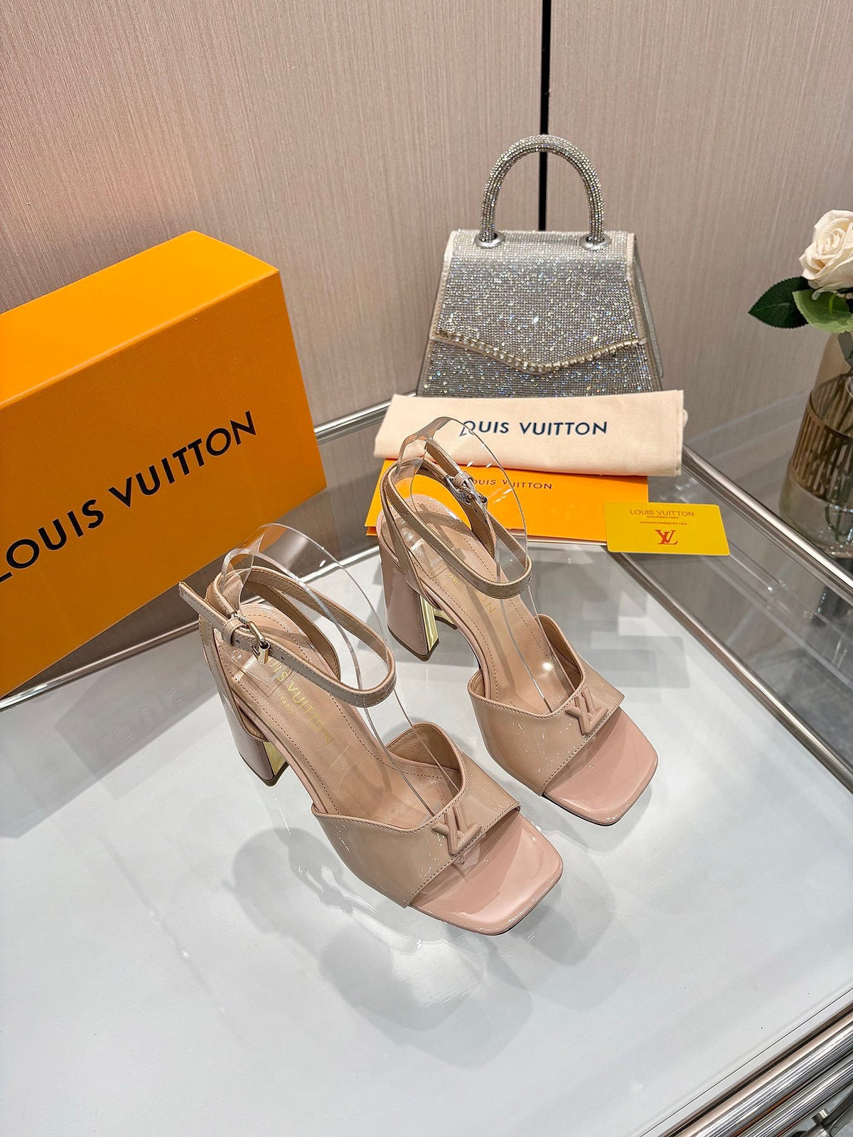 LV Women Nude Patent Leather Block Heels