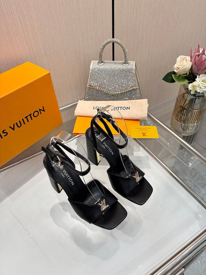 LV Women Black Leather Heels