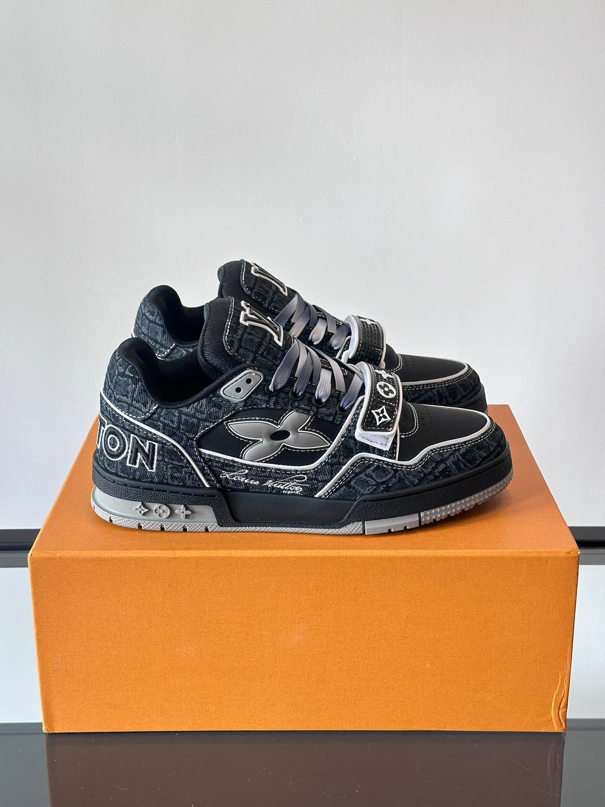 LV Men Black Fabric Leather Sneakers