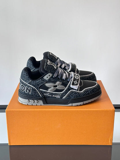 LV Men Black Fabric Leather Sneakers