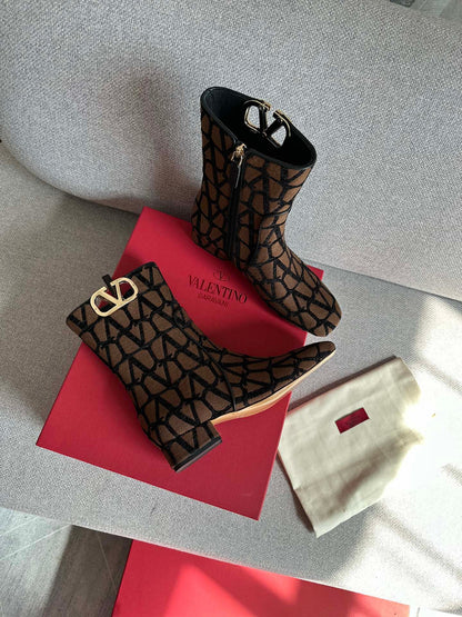 Valentino Women Brown Fabric Logo Pattern Boots