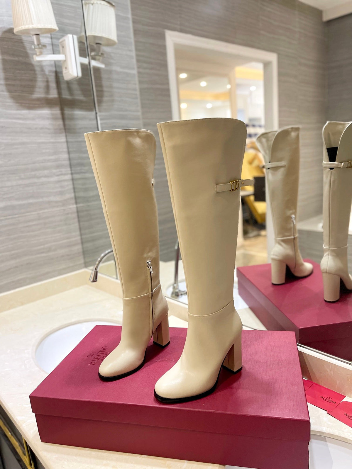 Valentino Women Beige Leather Knee-High Boots