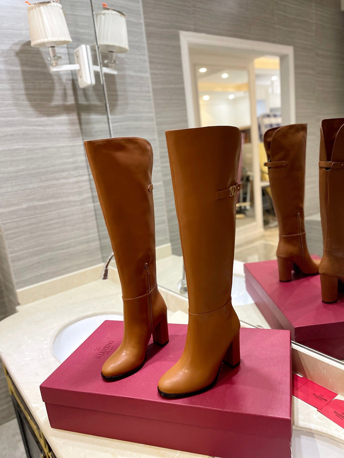 Valentino Women Brown Leather Knee High Boots