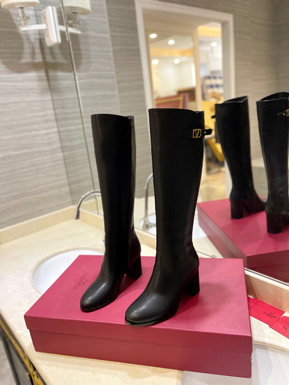 Valentino Women Black Leather Knee High Boots
