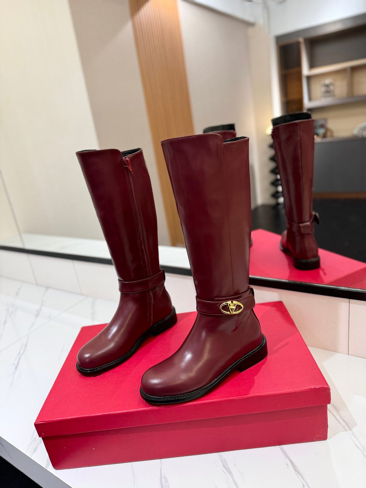 Valentino Women Burgundy Leather Knee High Boots