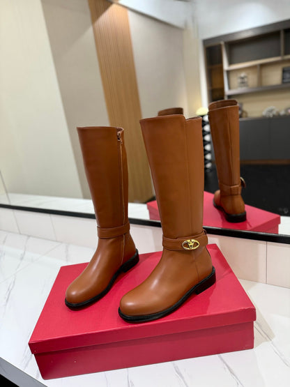 Valentino Women Brown Leather Knee High Boots