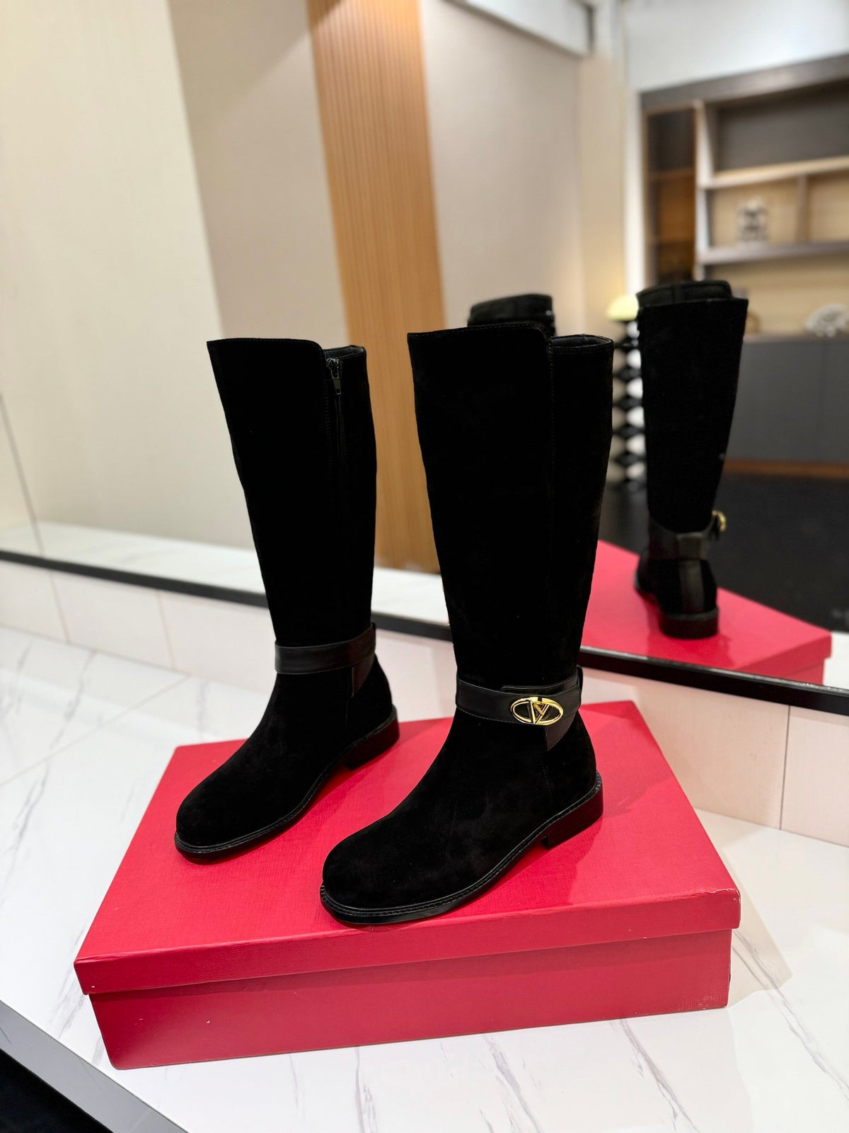 Valentino Women Black Suede Leather Strap Boots