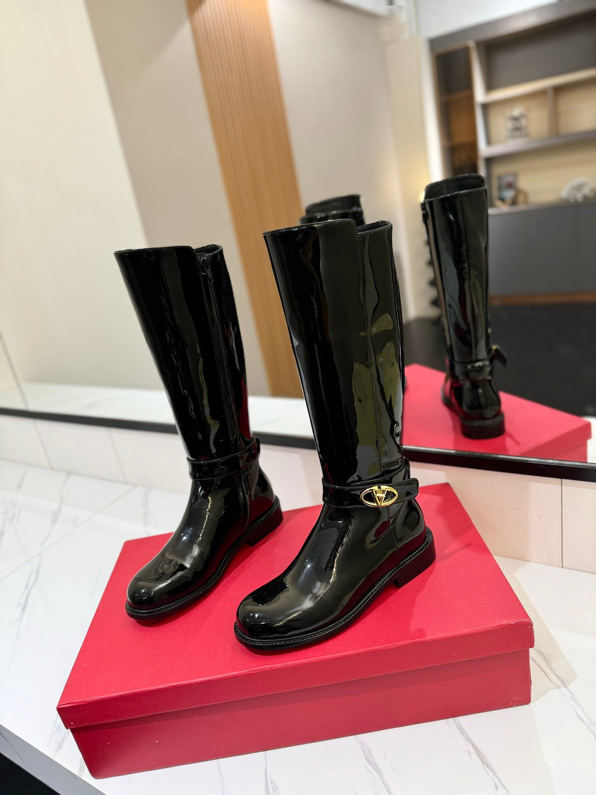Valentino Women Black Patent Leather Tall Boots