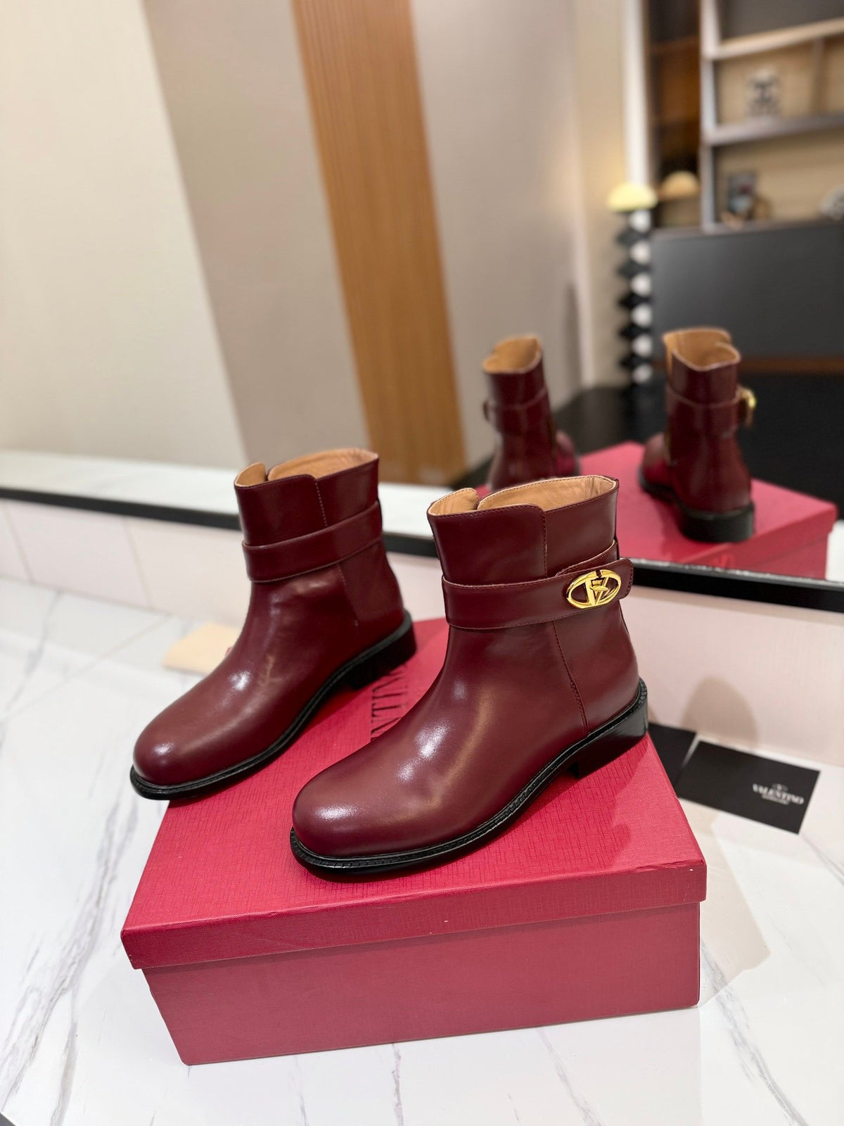 Valentino Women Burgundy Leather Ankle Boots
