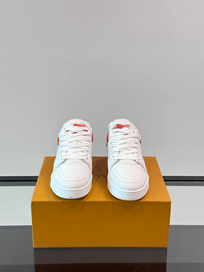 LV Men White Leather Sneakers With Red Floral Design
