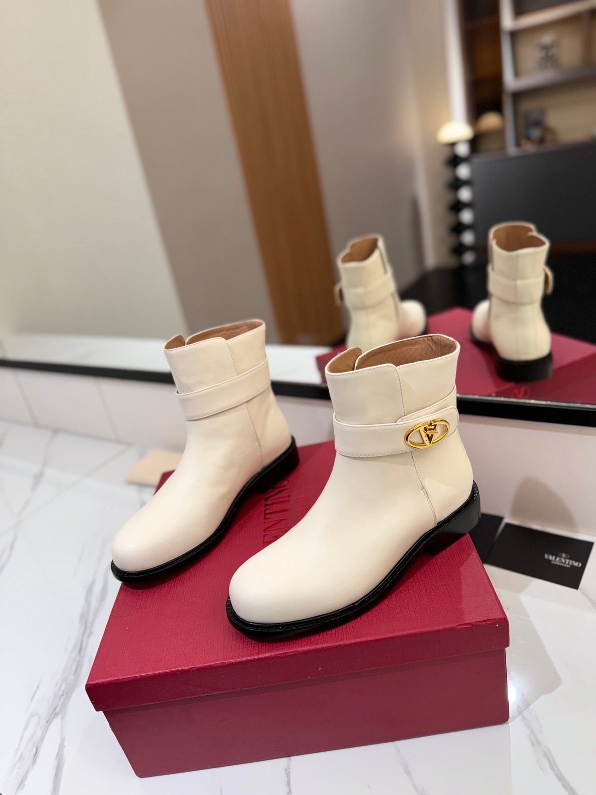 Valentino Women Ivory Leather Ankle Boots