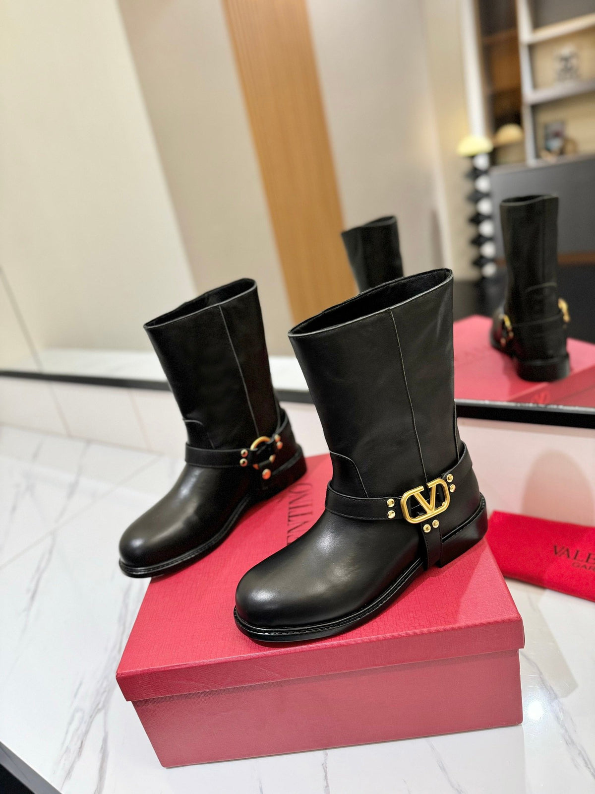 Valentino Women Black Leather Mid-Calf Boots