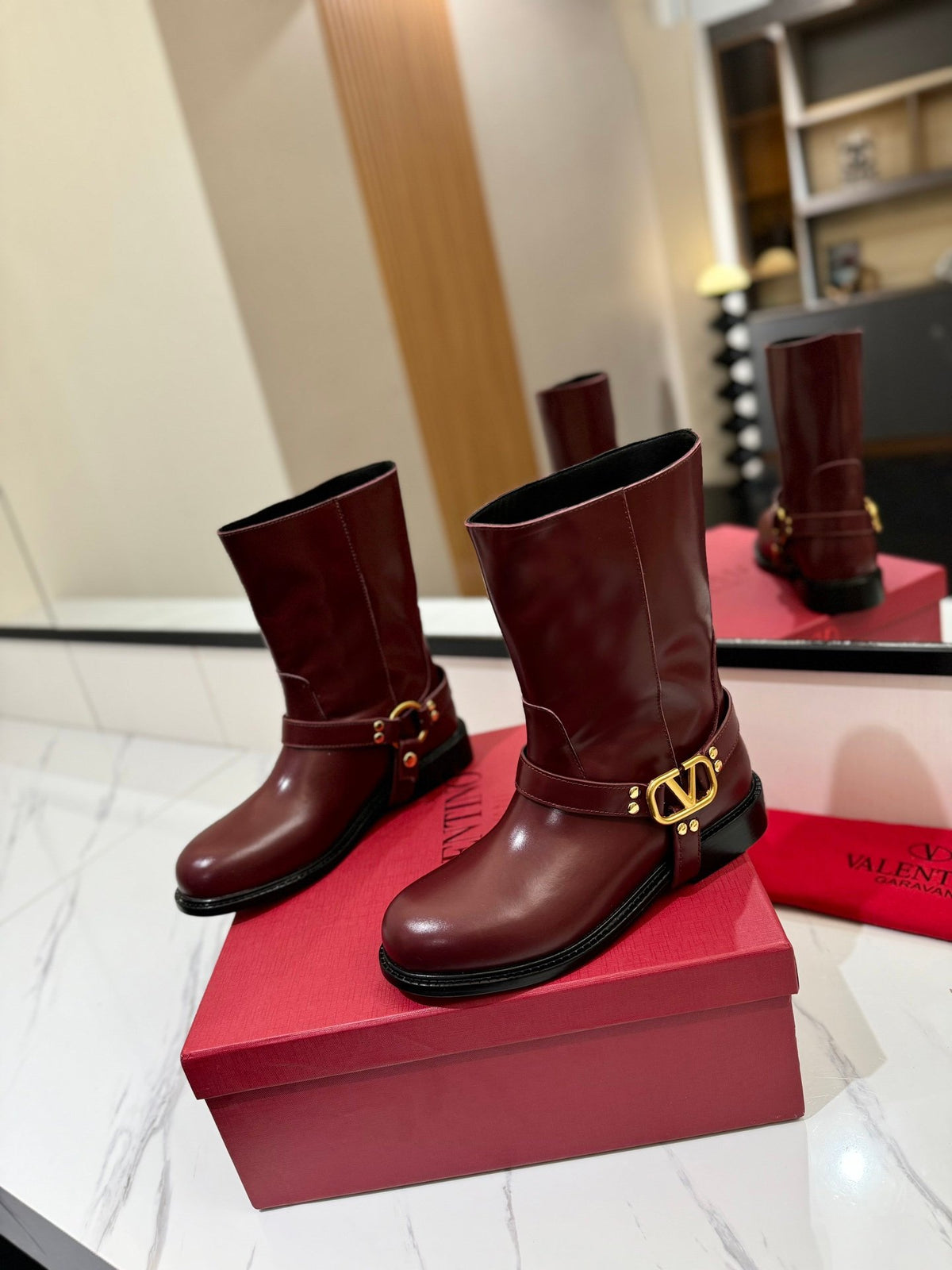 Valentino Women Burgundy Leather Mid-Calf Boots